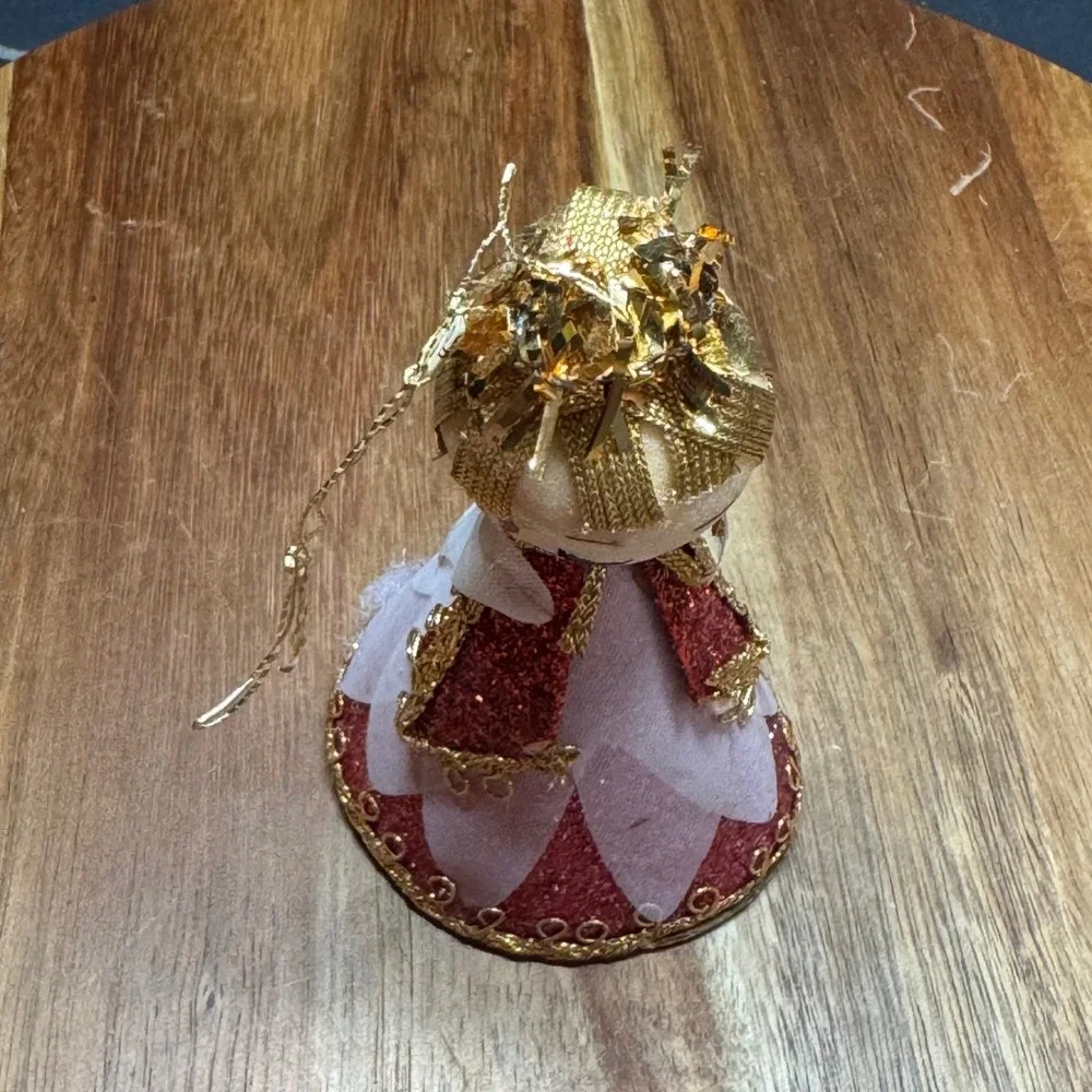 Vintage Angel Christmas Ornament Red Gold Glitter Japan Mid Century 4.5